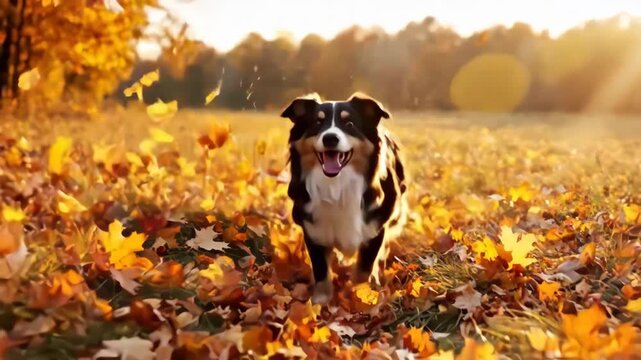 Dog running through autumn leaves 4k Video