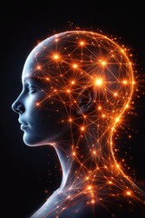 Obraz premium A mesmerizing digital illustration presents a side profile of a human head, rendered with a textured, almost crystalline surface, vividly illuminated by an intricate network of glowing orange lights 