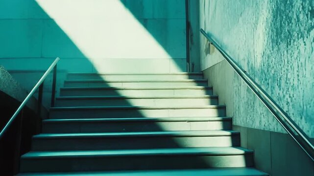 Concrete staircase with minimal handrails creating a path upwards, a diagonal beam of natural light illuminating the steps and symbolizing progress and future