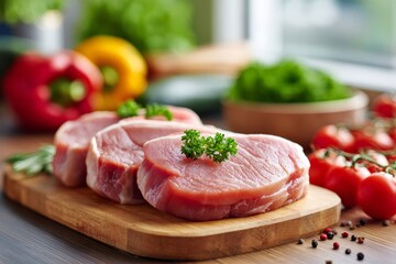 Fototapeta premium Raw pork meat steaks on chopping board with vegetables