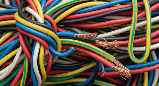 Multi-colored insulated copper electrical wire bundle close up texture