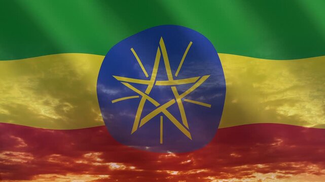 Flag of Ethiopia waving against a vibrant sunset, creating a patriotic and inspiring atmosphere with warm tones.