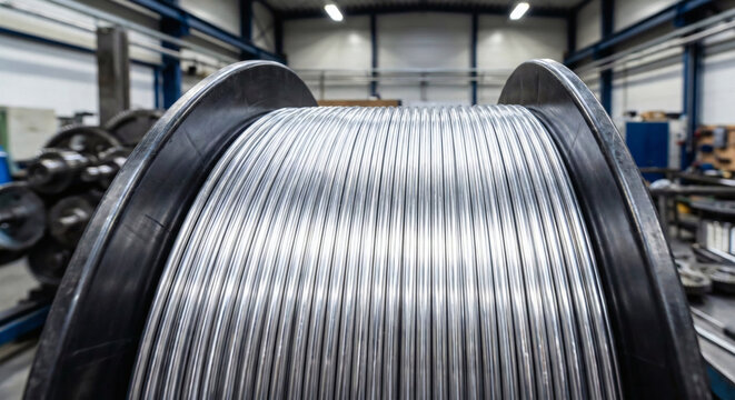 Shiny silver aluminum wire spool winding texture close up