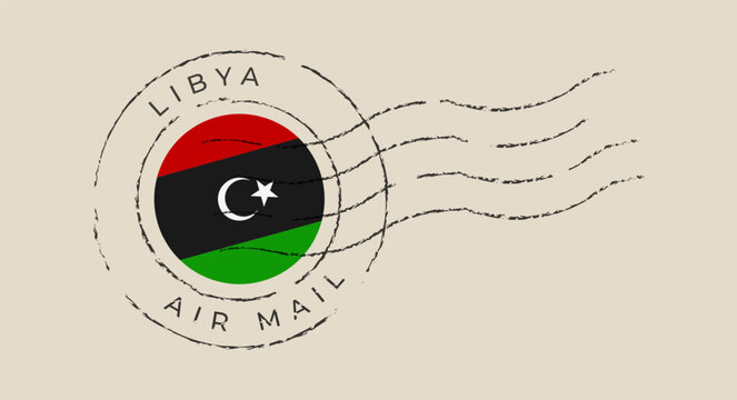Libyan flag inside a grunge air mail postal stamp with a cancellation mark, a vintage vector illustration for travel.