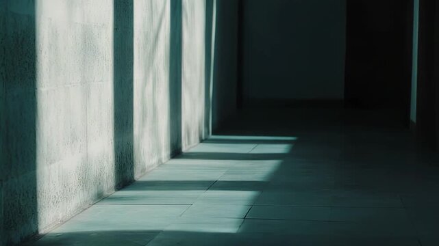 Empty architectural corridor featuring striking parallel shadows from external light sources creating a repetitive linear pattern stretching across the wall and floor in a quiet, minimalist setting