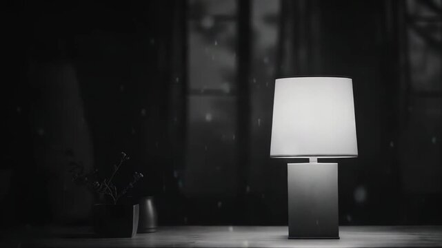 Table lamp standing on a wooden surface, casting a soft glow in a dark, quiet room with a window showing falling rain outside, creating a calm and contemplative atmosphere