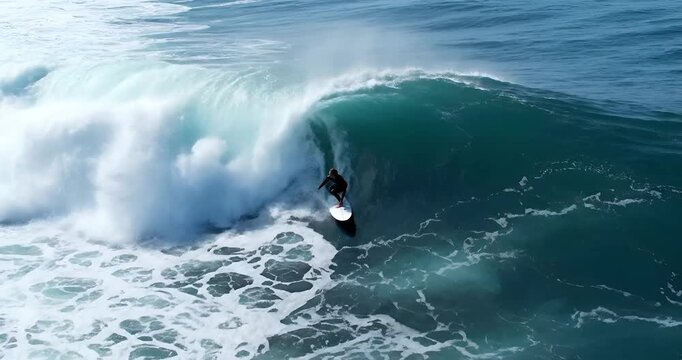 Surfer riding giant blue ocean wave drone
