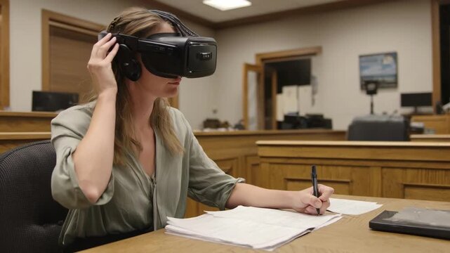 Medium shot capturing a stenographer navigating a basic VR scenario designed for skill development in simulated court settings.