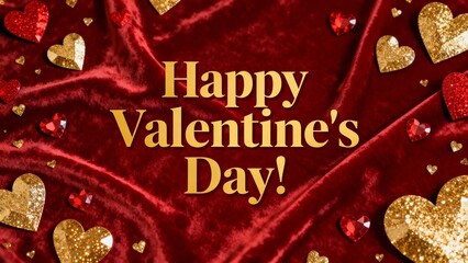 Festive Valentine's Day greeting with golden and red hearts on a red velvet background  