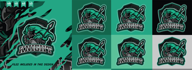 Powerful knight e-sports mascot warrior shield gaming emblem logo design. Modern illustration concept style for badge,&nbsp;Vector template eps 10.