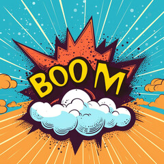 Vibrant Comic Boom Explosion Illustration With Clouds, Burst Lines, And Bright Colors