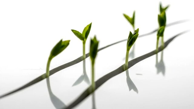 Sprouting Seedlings with Reflections on White Background.