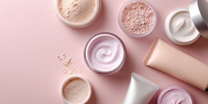 Assorted skincare products on pink surface including creams and powders