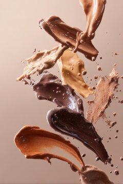 Cascading smears of liquid foundation in diverse tones and shades
