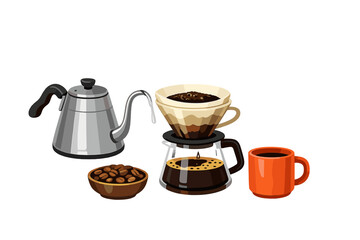 Coffee preparation process with brewing equipment and ingredients on a plain white background in a kitchen setting
