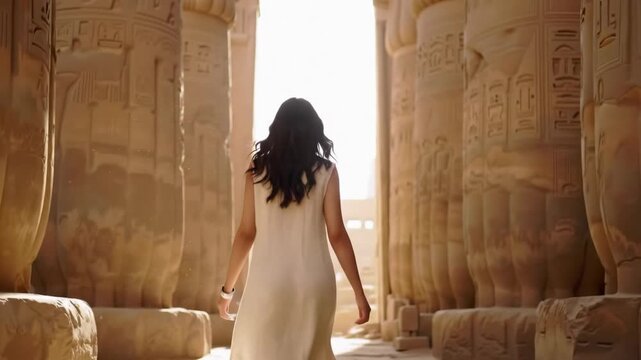 Rear View of Woman in White Dress Walking Through Ancient Egyptian Temple with Hieroglyphic Stone Columns, Historical Archaeological Site Egypt Travel