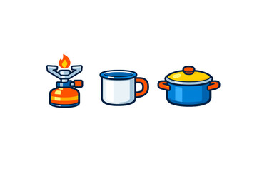 Cooking tools for outdoor activities using a camp stove, a coffee mug, and a cooking pot set up on a flat surface