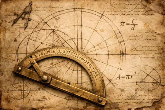 Vintage-style Pi Day background featuring an old brass protractor on aged parchment  