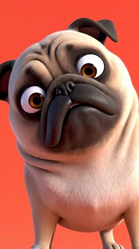 A detailed 3d rendered pug dog portrait, staring intently with a concerned expression, is captured in a stylized close-up against a vibrant reddish-orange background.