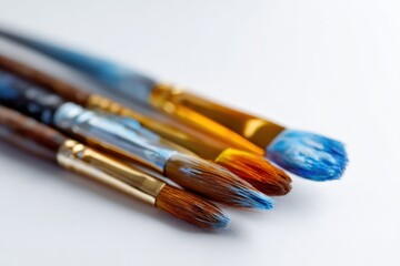 Obraz premium Close-up of art brushes with colorful paint tips on white background