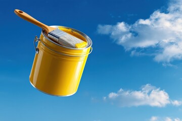 Yellow paint bucket and brush against bright blue sky and clouds