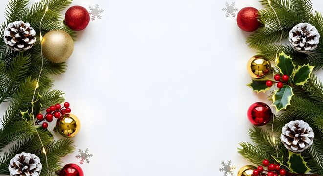 Christmas border frame with ornaments, pine cones, holly, and lights on white background