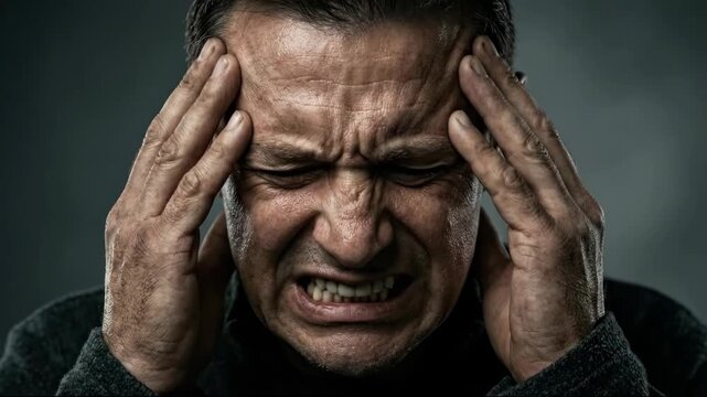Man holding head in pain stressed man holding head headache with clenched teeth and tense expression
