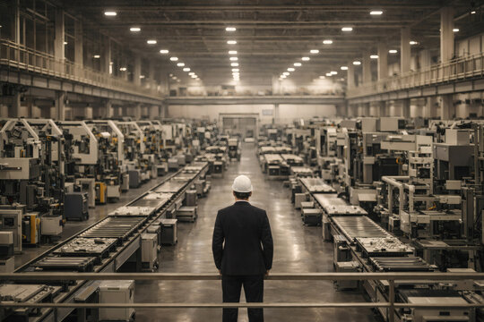 A leader in a hard hat and suit stands overlooking a vast factory floor filled with machinery and conveyor belts under bright overhead lighting.