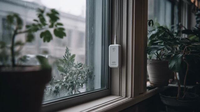 Medium shot capturing a humidity sensor device placed near a window monitoring moisture levels to maintain optimal indoor comfort and prevent mold growth.