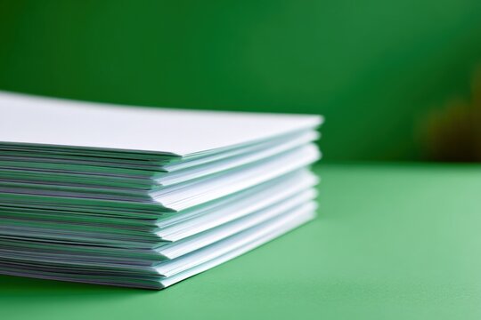 Stack of white paper sheets on green background for office supply and printing needs