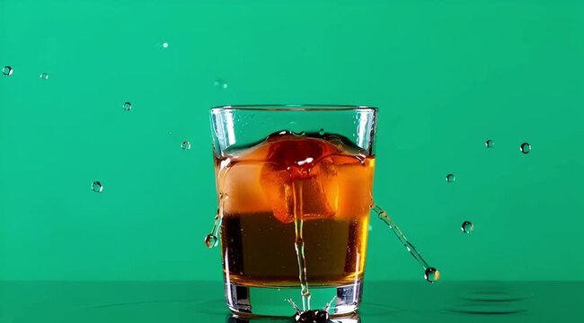 Whiskey Splash in Glass with Ice Cubes, Close-up Action Shot, Cinematic Stock Footage