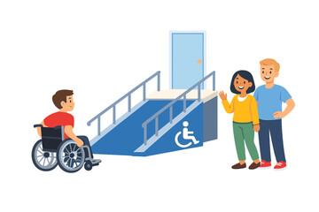 Fototapeta premium Two people greet a person in a wheelchair as they approach a ramp leading to a door marked for accessibility