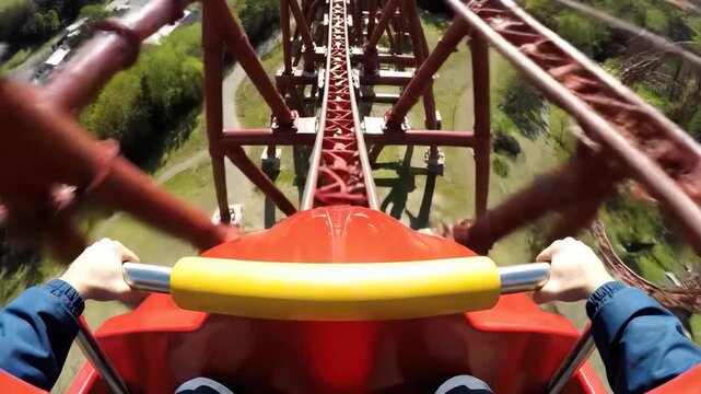 Roller coaster front seat view with hands gripping safety bar over sunlit countryside thrilling