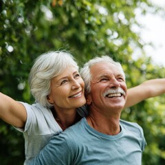 Happy elderly caucasian couple enjoying outdoor time together in nature