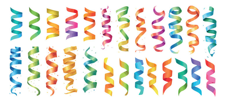 Hanging streamers. Birthday Party colorful hang ribbons, streamer confetti serpentine spiral ribbon red pink blue green orange school festive decorative set vector illustration