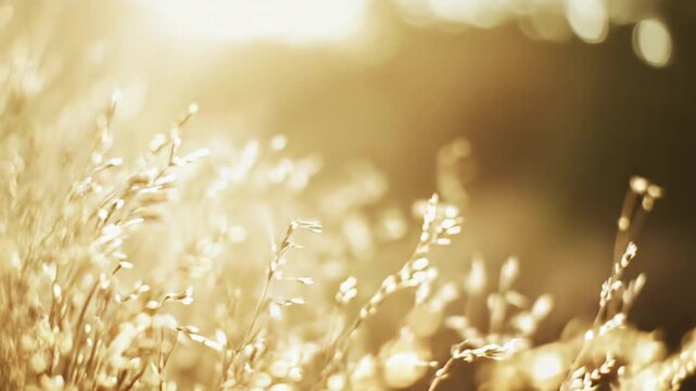 Dry rye grass swaying gently under warm golden sunlight, creating a soft bokeh background and embodying concepts of autumn, harvest, and nature's tranquility