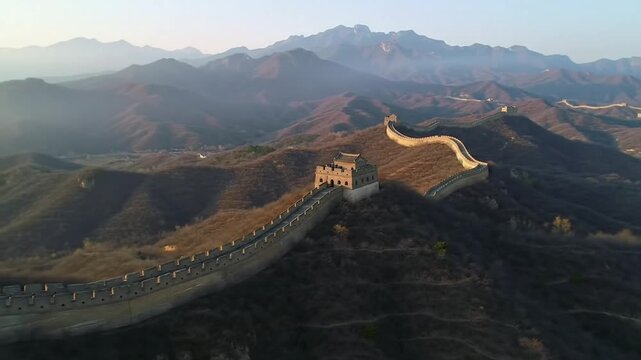 Aerial View Great Wall China Mountains Landscape.