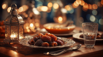 Iftar Table Setting with Dates, Tea and Lantern, Ramadan Concept, generate ai
