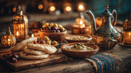 Traditional Iftar Table Setting with Dates, Tea and Glowing Lantern, Ramadan Concept, generate ai