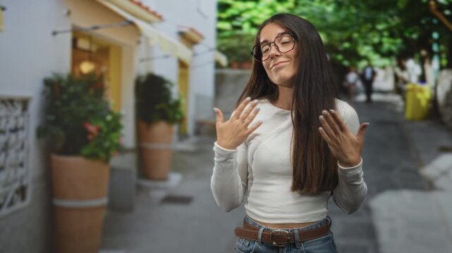Young woman with hands on chest and long hair gesturing to herself on a street lined with potted plants and cafes; confidence.