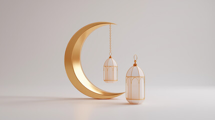 Minimalist Ramadan Greeting Background with Gold Crescent Moon and Lantern, Modern Islamic Design, generate ai