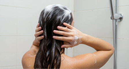 Naklejka premium Woman washing hair with shampoo in shower