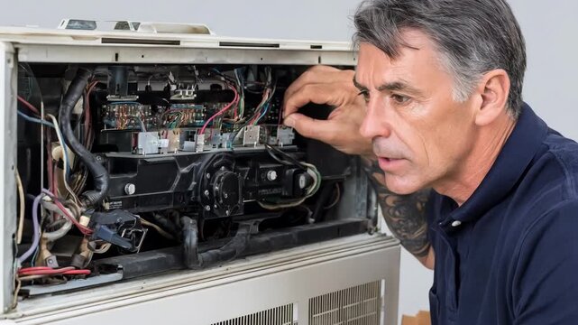 Engineer testing servo motor components inside an air conditioning unit ensuring precise operation of climate control mechanisms.