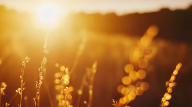 Golden sunlight illuminates a field of tall grass creating a soft, warm glow and peaceful atmosphere, capturing the essence of a serene natural landscape at dusk