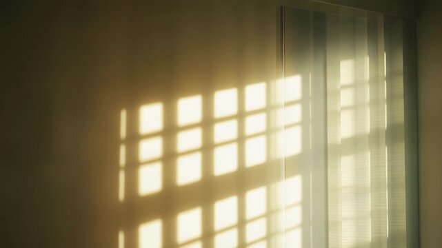 Warm sunlight streaming through a window creates a geometric pattern of bright square shadows on an interior wall, suggesting peace and morning tranquility in a domestic space