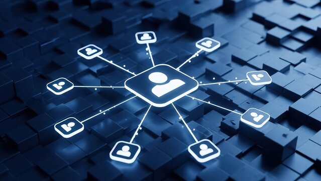Digital network of interconnected user icons representing social connections and data sharing on a dark blue background.