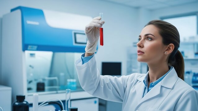 A female scientist in a white lab coat and gloves carefully examines a test tube containing a red liquid in a modern laboratory setting.