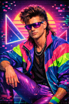 Step back to the radical 80s with a totally tubular dude! Rocking a gnarly mullet and shades, embodying the era's vibrant spirit.