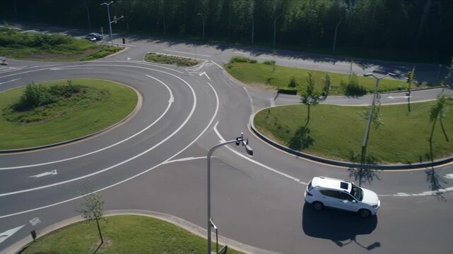 Medium shot capturing a vehicle maneuvering through a multilane roundabout highlighting careful lane changes and navigation coaching.
