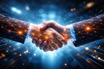Two hands, one on each side, firmly grasp in a handshake, with their sleeves and hands dynamically transformed into glowing digital networks of interconnected lines and shimmering light particles, set